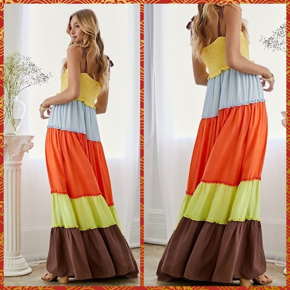 Lux Smocked Bodice Ruffle Trim Tiers Part Lined Skirt Shoulder Ties - Picture 2 of 16